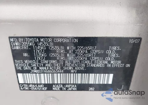 2008 Toyota Rav4 Limited z USA, uszkodzony, nr VIN JTMBD31V686063444